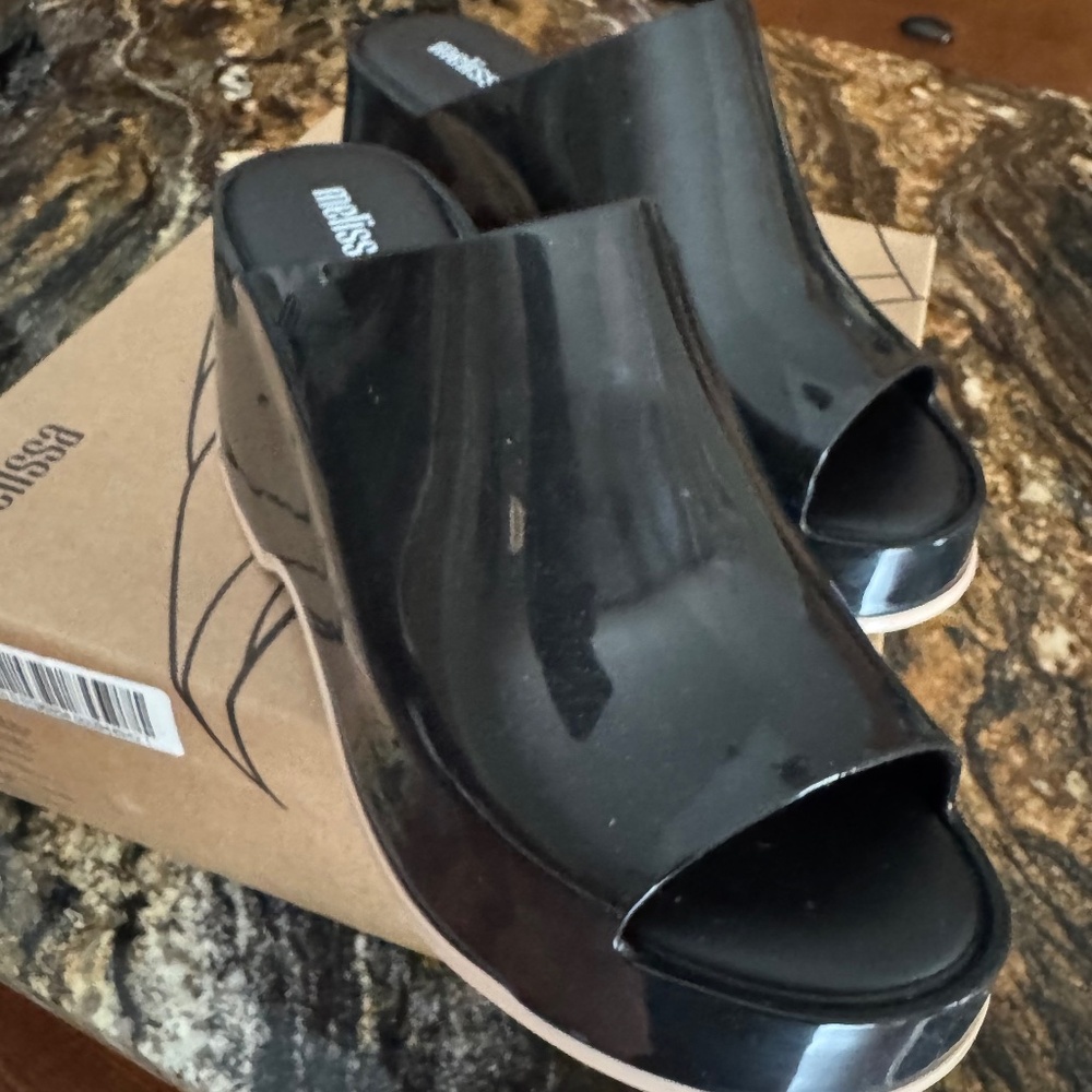 Melissa Platform Mules Black Patent vegan